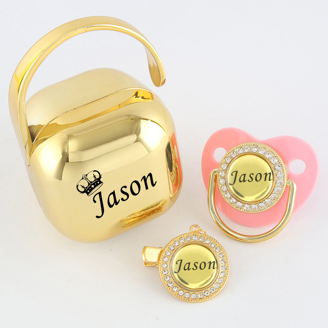 Any Name Personalized Gold Bling Pacifier Chain Clip Pacifier Box Set BPA Free Doll Pacifier Luxury Pacifier Baby Gift