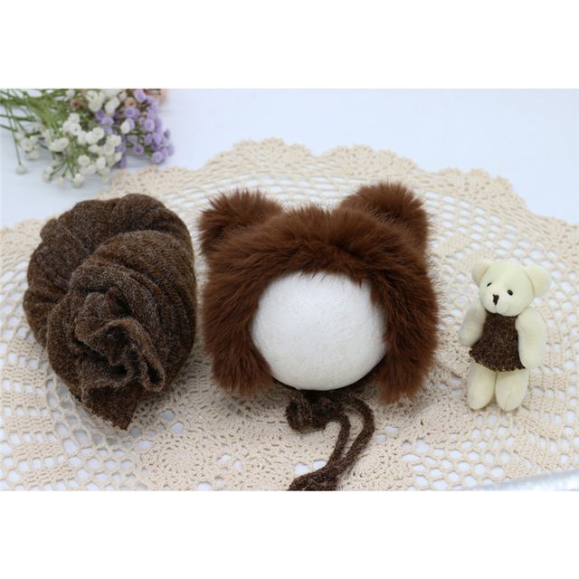 3pcs/set Newborn Infant Photography Wraps Knitted Baby Boys Girls Photo Props Faux Fur Hat Sturdy Stretch Blanket Bear Doll