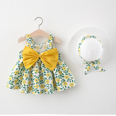 Summer Toddler Infant Girl Clothes Set Baby BeBe Beach Dresses Cute Bow Plaid Sleeveless Cotton Newborn Princess Dress+Sunhat