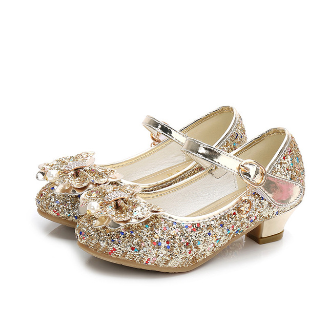 ULKNN-Girls Princess Leather Shoes Casual Floral Sequin High Heel Butterfly Bowknot Shoes Blue Pink Silver