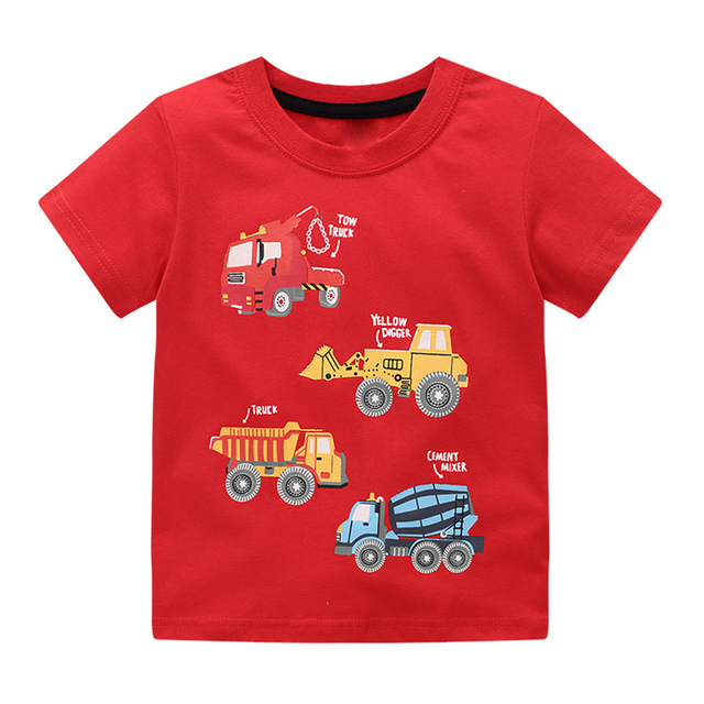 27 Kids Summer Boys Short Sleeve T-shirt Tops Clothes Fire Truck Pattern Children's Clothing Toddler Cotton Outfit 2-8Years