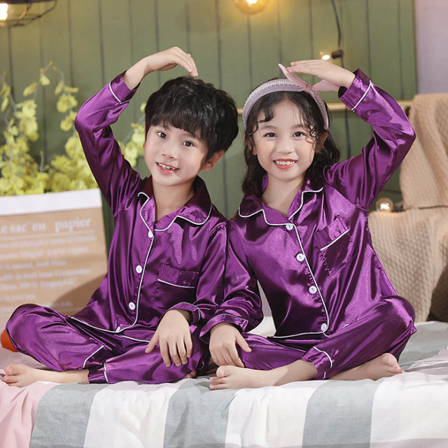 Silk Pajamas for Girls Boy Pajama Sets Summer Autumn Satin Long Sleeve Fashion Gray Pajama Toddler Kid Pajama Sleepwear Suit 3-14Y