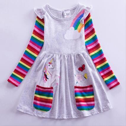 Girl Long Dresses New Autumn Spring Cartoon Girl Dress Casual Cotton Embroidered Girls Long Sleeve Unicorn Dress 81035