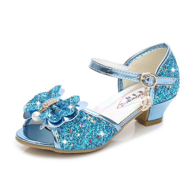 ULKNN-Children's leather shoes, casual high-heeled shoes with flowers and sequins, butterfly knot, blue, pink and silver, 2021