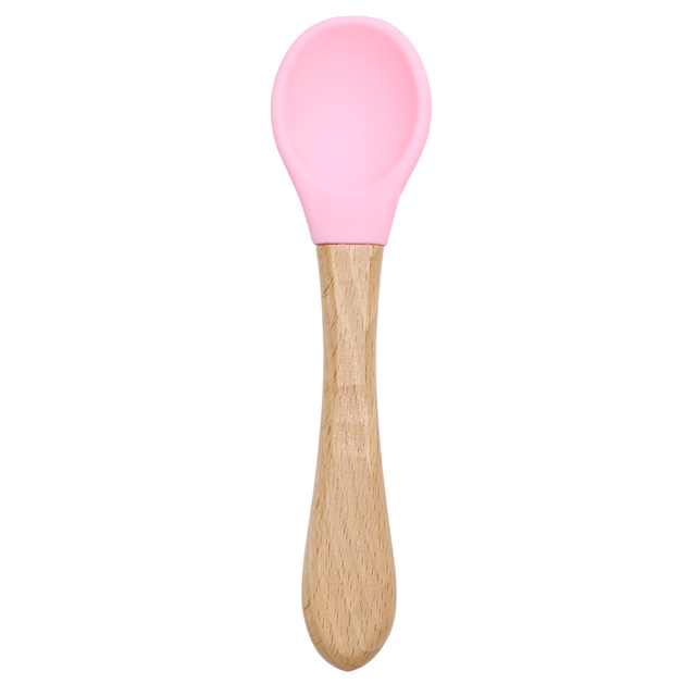 Wooden Feeding Handle Silicone Spoon For Baby Utensils Eat Soild Food Kids Training Ability Manipulation Children's Tableware