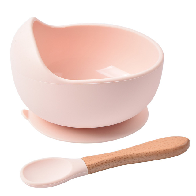 Baby Silicone Bowl Feeding Tableware Children Suction Bowl Plate Wooden Handle Silicone Spoon Dish Set For Baby Kitchen Utensils