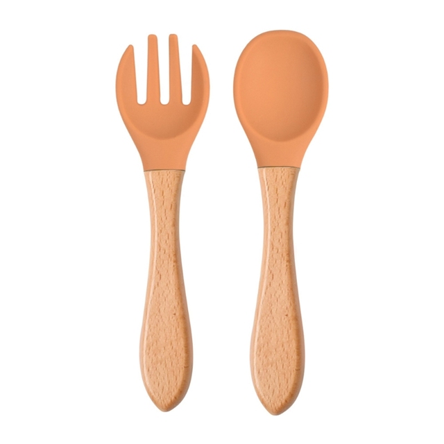 2pcs silicone tips baby feeding training spoon and fork set with wooden handle