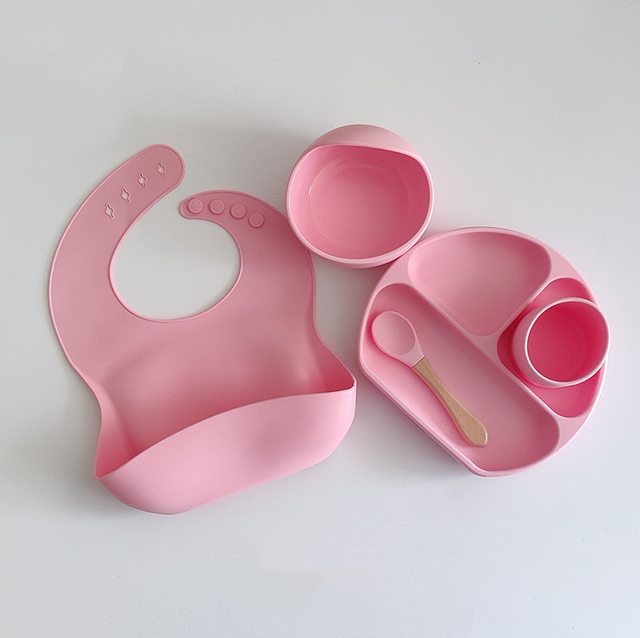 Bpa Free Kids Tableware Fashionable Soft Silicone Food Plates Easy To Clean Wash Baby Bibs Spoons Cute Gadget