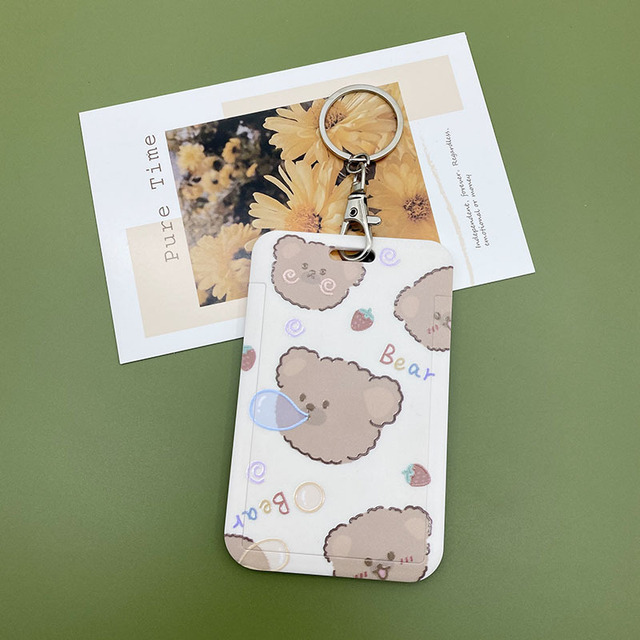 New Cute Cartoon Flocking Bear ID Credit Bank Card Holder Student Keychain Bus Card Case ID Badge Cover Women Men Pendants