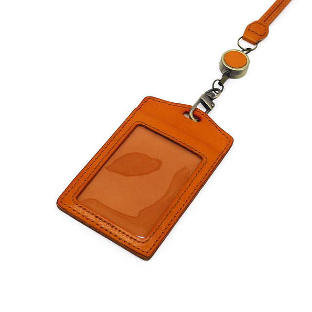 New Fashion ID Badge Holder First Layer Leather High Quality Handmade 100% Genuine Leather Stretch Work ID Hanging Neck Badge Tag