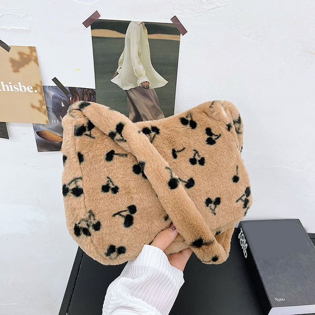 Fashion Women Plush Soft Shoulder Bag Cherry Print Underarm Bag for Women 2021 New Autumn Winter Handbags and Purses