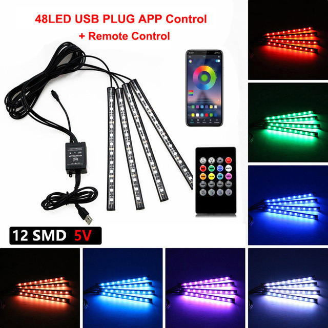 ANMINGPU Neon LED Car Ambient Foot Light with USB Wireless APP Remote Music Control Auto LED Interior Atmosphere Decorative Lamp