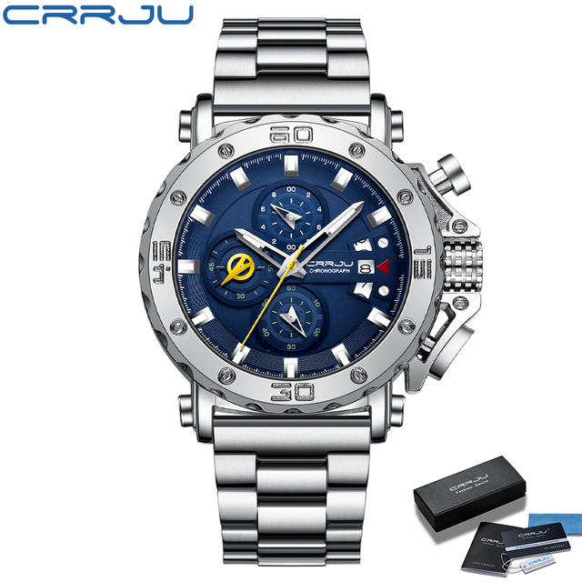 Relogio Masculino CRRJU Sport Chronograph Mens Watches Luxury Brand Full Steel Quartz Watch Waterproof Big Double Watch Men