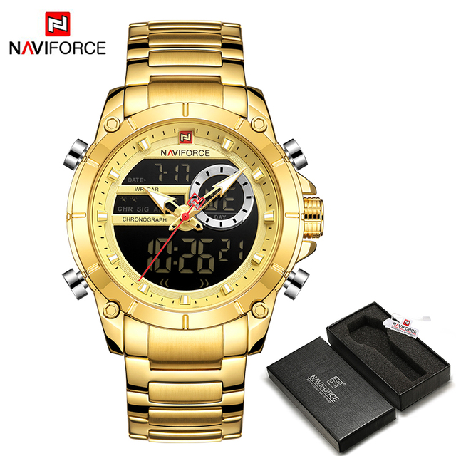 NAVIFORCE Men Military Sports Wrist Watch Gold Quartz Steel Waterproof Dual Display Male Clock Watches Relogio Masculino 9163