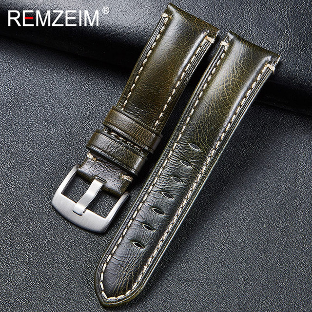 Remz Patterned - Genuine Leather Watch Strap, Brown, Green, Antique, 20, 22, 24, 26 mm, with Black and Silver Buckle