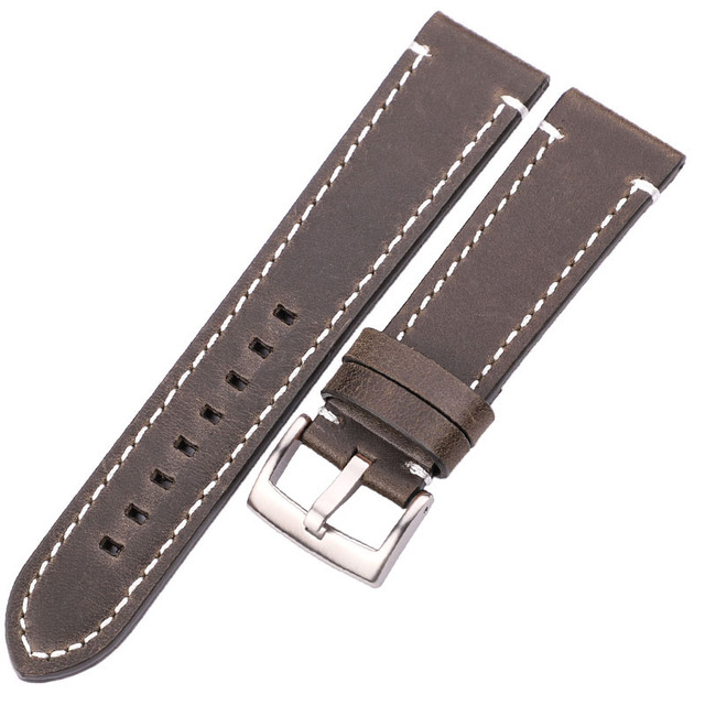 HENGRC - Genuine Cowhide Leather Watch Strap for Men and Women, Thickness 18, 20, 22, 24mm, Handmade, Retro, with Metal Buckles