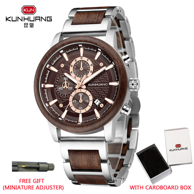 Kunhuang Luxury Wood Stainless Steel Men Watch Fashion Wooden Watches Chronograph Quartz Watches relogio masculino gift man