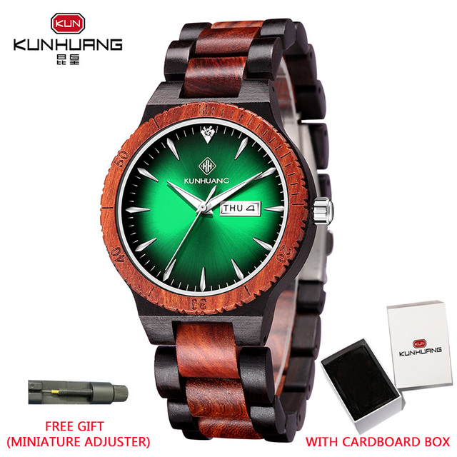 Kunhuang Men's Watch Colorful Dial Wooden Watch Week Clock Date Display Quartz Wood Wristwatch for Men Women reloj mujer