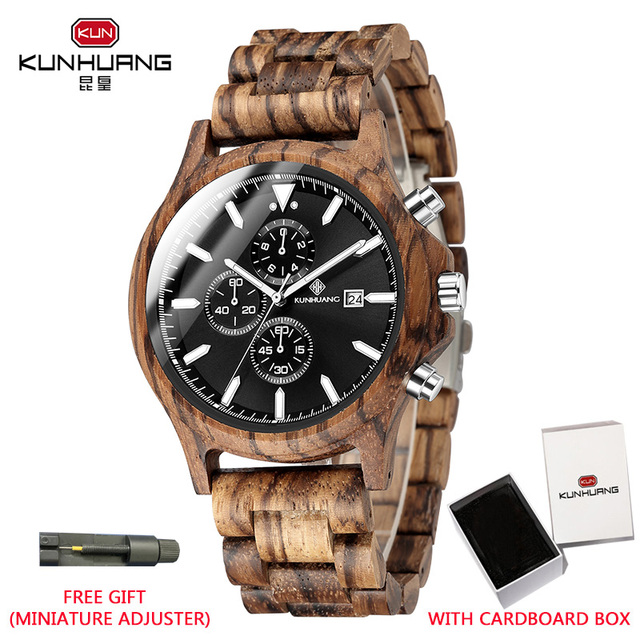 Kunhuang Handmade Wooden Watches Mens Watches Chronograph Watch Military Quartz Wristwatch Male In Wooden Gift Box Relogio