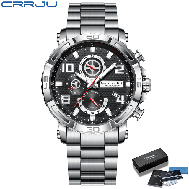 CRRJU Men's Watches Large Dial Waterproof Stainless Steel With Luminous Hands Date Sports Chronograph Watches Relogio Masculino