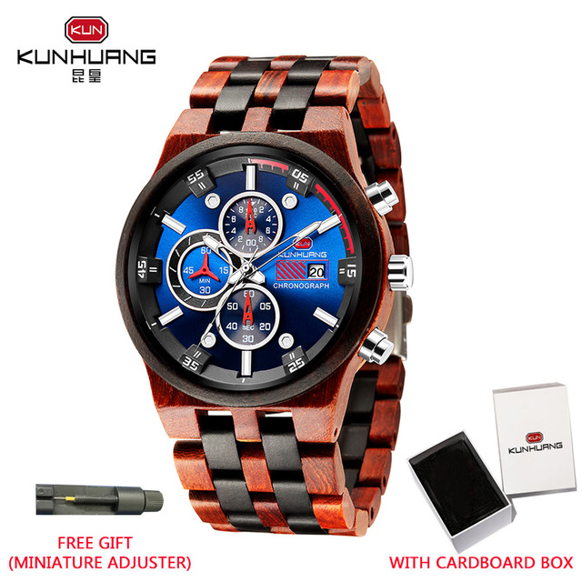 Kunhuang Wooden Mens Watch Luxury Elegant Wood Watches Chronograph Zebra Wood Quartz Watches in Wooden Gift Box reloj de hombre