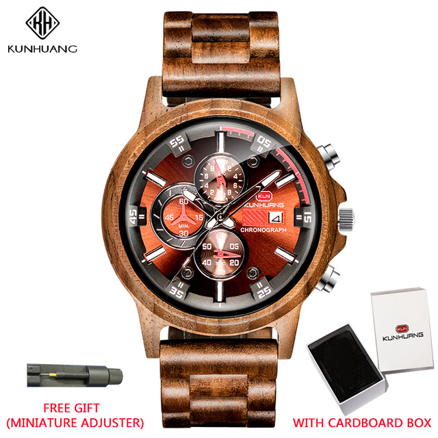 Kunhuang Luxury Natural Zebra Wood Watch Fashion Multifunction Quartz Men's Watch Chronograph Mineral Glass reloj de hombre