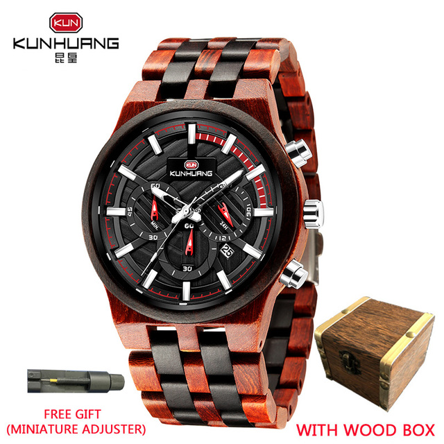 Relogio Masculino KUNHUANG Men's Wooden Watch Top Brand Luxury Stylish Chronograph Military Watches in Wooden Box reloj hom