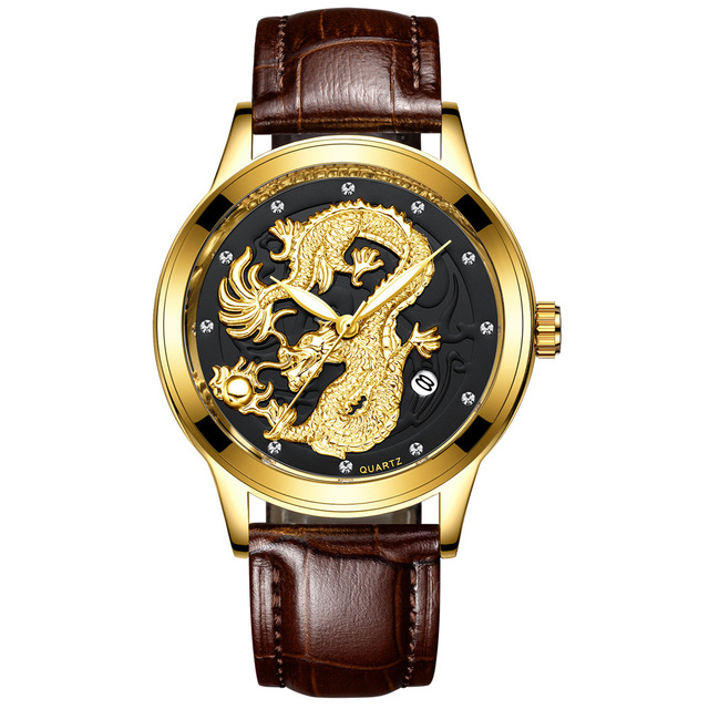 FNGEEN Mens Watches Luxury Brand Chinese Golden Dragon Quartz Watch Diamond Dial Stainless Steel Watch Male Relogio Masculin