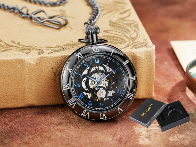 Hand Wind Mechanical Luxury Steampunk Pocket Watch Hollow Men Watches Roman Numeral Clock With Fob Chain With Box Reloj Hombre