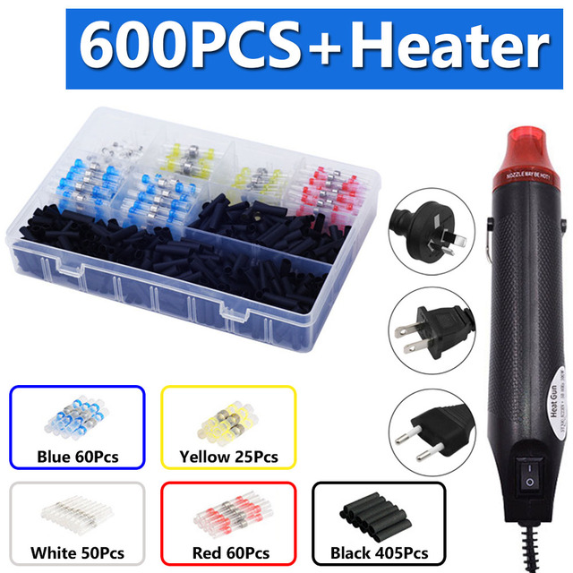 100/800pcs Heat Shrink Butt Terminals Crimp Terminal Solder Seal Waterproof Electrical Wire Twisting Cable Kit With Mini Heat Gun