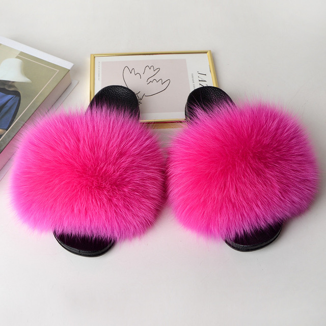 Genuine Fluffy Fur Slippers Women Summer Indoor Flip Flops Fur Sandals Slides Ladies Home Furry Plush Shoes Woman Fur Slides