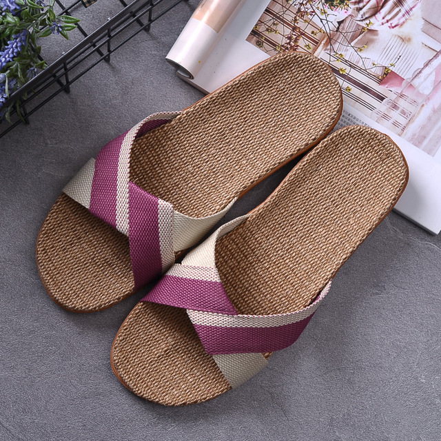 New Summer Linen Home Slippers Women 35-45 Plus Size Beach Flip Flops Non-slip Unisex Family Female Male Linen Slippers