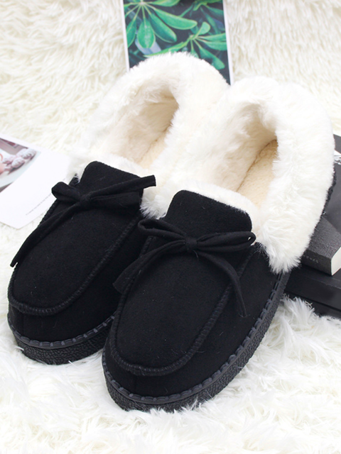 Women Slippers Winter Bow Tie Plush Warm Shoes Inside Loafers Indoor Slippers Ladies Ladies Slip On Shoes Chaussure Femme Women Shoes Non-leather Casual Shoes Women's Shoe Brand