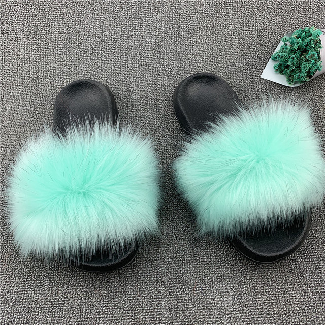 Fashion designer luxury ladies furry fur slippers colorful sandals rainbow shoes for women