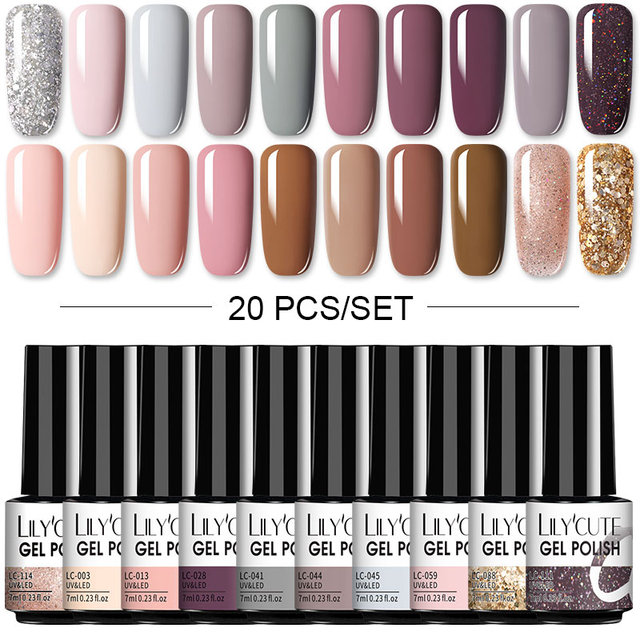 LILYCUTE 10pcs Gel Nail Polish Set With UV Lamp Nude Gel Semi Permanent Hybrid Varnish Base Top Coat Soak Off UV LED Nail Art