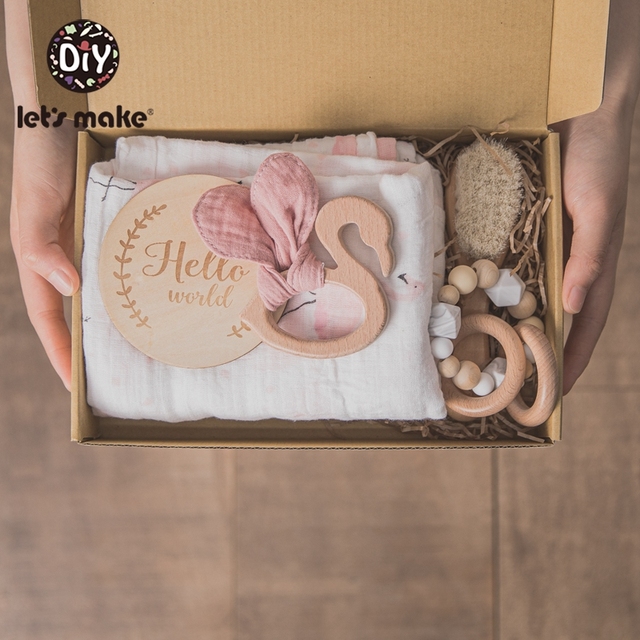 Let's Make Baby Bath Toy Set Double Sided Cotton Blanket Wooden Rattle Bracelet Crochet Toys Baby Birth Gift Products For Kids