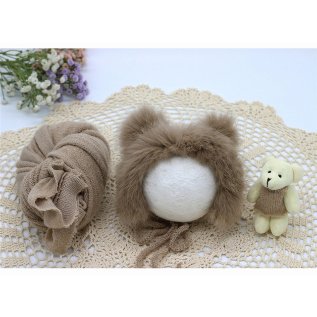 3pcs/set Newborn Infant Photography Wraps Knitted Baby Boys Girls Photo Props Faux Fur Hat Sturdy Stretch Blanket Bear Doll