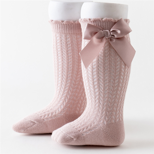 Newborn Baby Girls Solid Bow-knot Socks Breathable Mesh Cotton Knee High Leg Warmer Summer Infant Baby Soft Socks Clothes