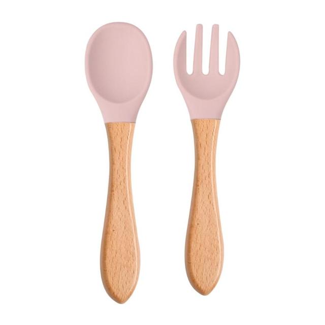 2pcs Silicone Baby Tips Feeding Training Spoon and Fork Set with Wooden Handle Toddlers Babies Eat Standalone Accessory