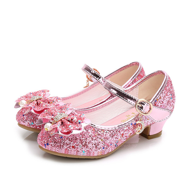 ULKNN-Girls Princess Leather Shoes Casual Floral Sequin High Heel Butterfly Bowknot Shoes Blue Pink Silver