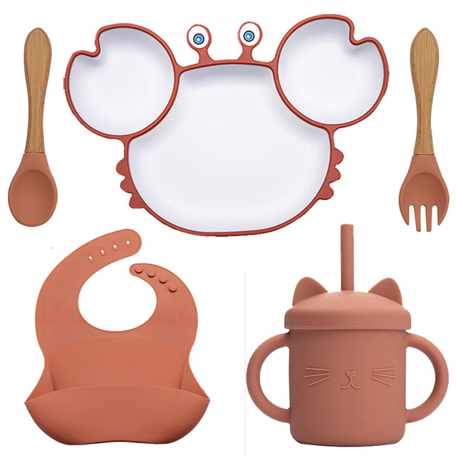 BOPOOBO Baby Dishes Silicone Suction Plate Cute Crab Children Feeding Plate Non-slip Baby Food Bowl Feeding for Kids