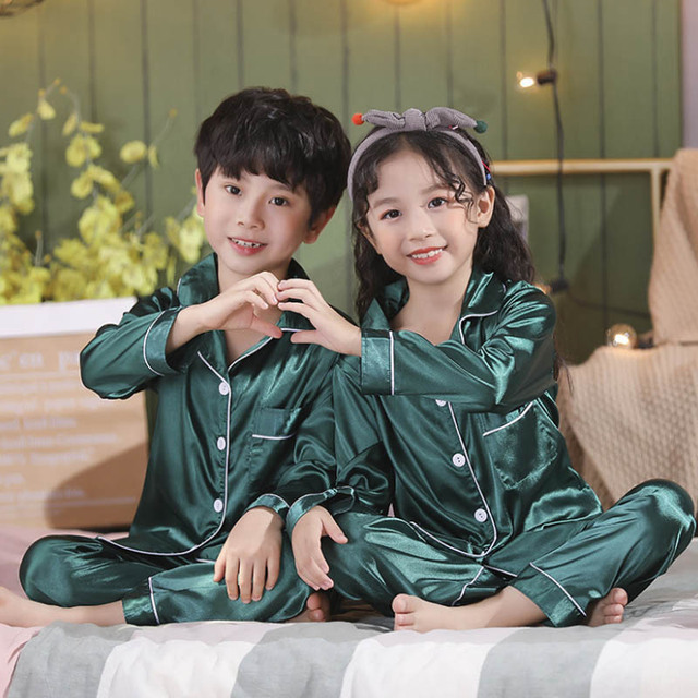 Silk Pajamas for Girls Boy Pajama Sets Summer Autumn Satin Long Sleeve Fashion Gray Pajama Toddler Kid Pajama Sleepwear Suit 3-14Y