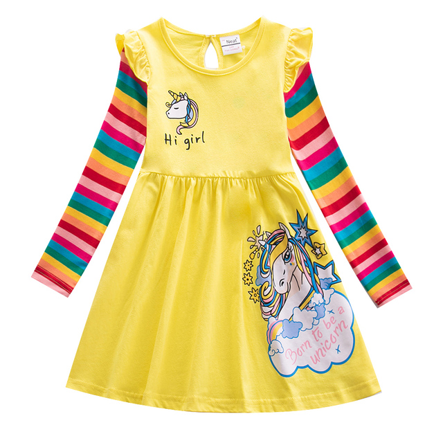 Girl Long Dresses New Autumn Spring Cartoon Girl Dress Casual Cotton Embroidered Girls Long Sleeve Unicorn Dress 81035