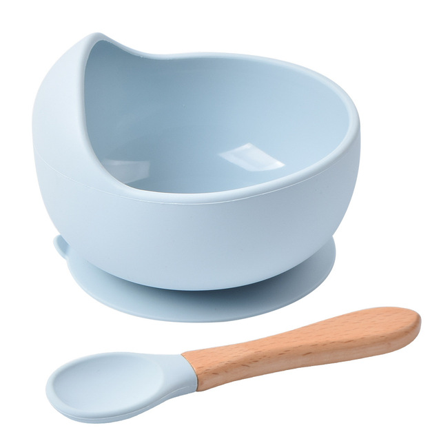 Baby Silicone Bowl Feeding Tableware Children Suction Bowl Plate Wooden Handle Silicone Spoon Dish Set For Baby Kitchen Utensils