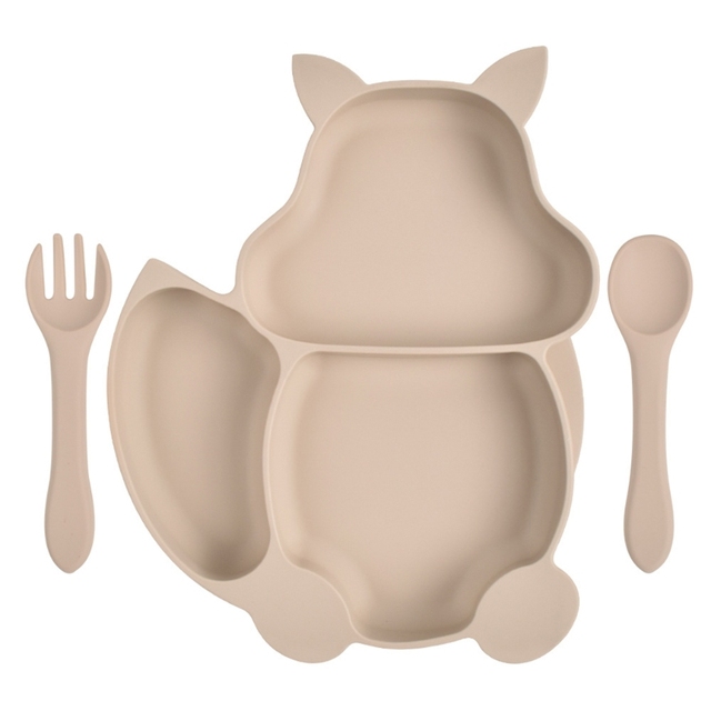 Baby Food Squirrel Silicone Baby Feeding Tray With Fork Spoon Set Dinnerware Training