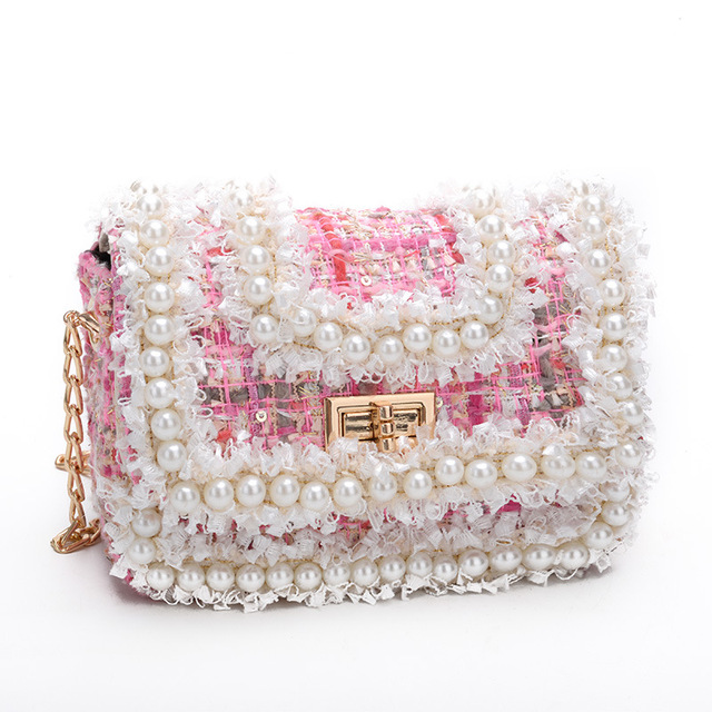 Korean Style Women Woolen Cross Body Handbags Cute Girls Princess Purses And Handbags Baby Pearl Clutch Purse