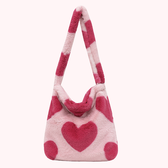 Love Heart Print Bags for Women 2021 Soft Plush Shoulder Bags Female Leopard Pattern Handbag Winter Warm Fluffy Bucket Bags