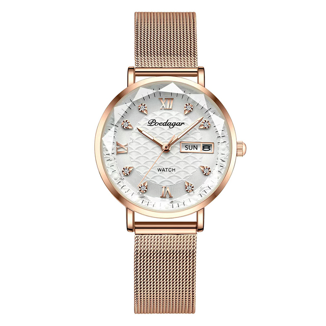 Swiss Brand POEDAGAR Women Watches Luxury Rose Gold Mesh Wristwatch Fashion Simple Waterproof Date Ladies Bracelet Watch Clock