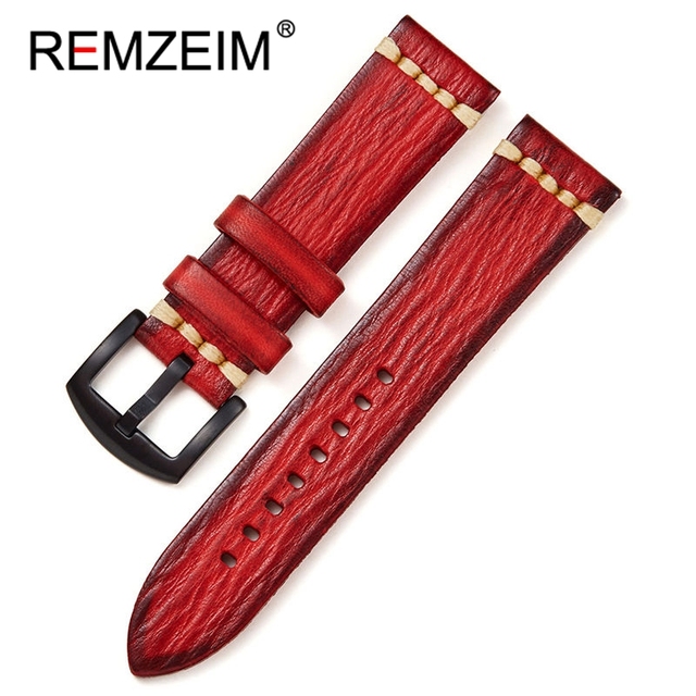 REMZEIM Retro Handmade Genuine Leather Strap Vegetable Tanned Leather Watchband 18 20 22 24mm High Quality Business Watch Band