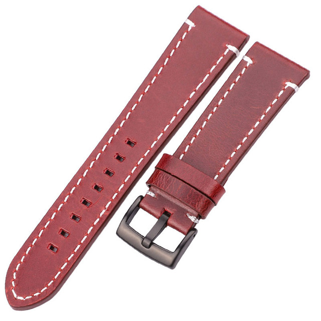 HENGRC - Genuine Cowhide Leather Watch Strap for Men and Women, Thickness 18, 20, 22, 24mm, Handmade, Retro, with Metal Buckles